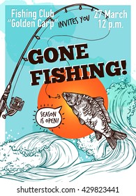 Gone Fishing Advertising Poster Of Carp Fishing Rod On Background With Sea Sky And Sun Sketch Vector Illustration