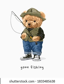 gone fishing bear doll with fishing rod illustration