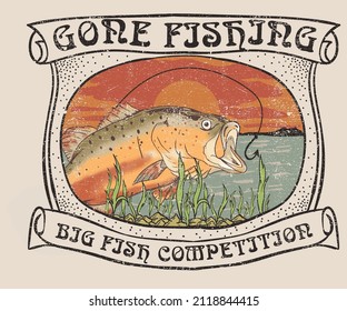 Gone fishing graphic print design for t shirt, sticker, poster and others. Fish retro vector artwork design.