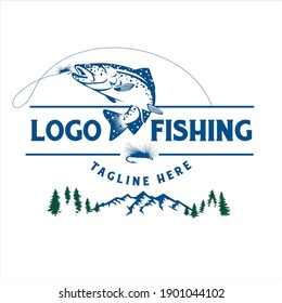 Gone fishing logo on mountain background, vector illustration