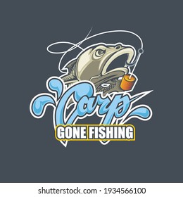Gone fishing logotypes nice title Carp and fish swallows the bait.
