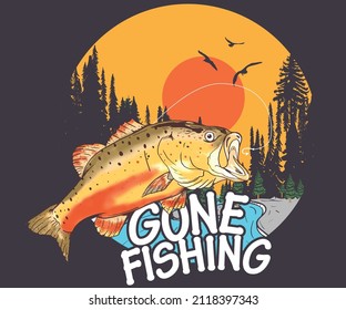 Gone fishing with mountain graphic print design for t shirt , sticker, posters and others. Mountain lake artwork design.