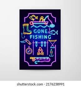 Gone Fishing Neon Flyer. Vector Illustration of Fish Promotion.