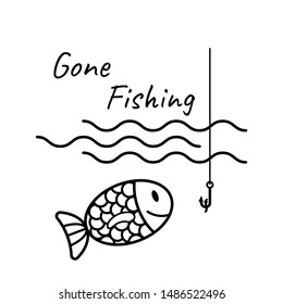 Gone Fishing Text Logo Isolated  Waves And Fishing Rod Vector Illustration