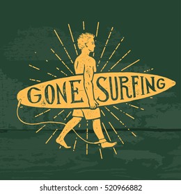 gone surfing label. hand drawn walking surfer sign.  vintage label.