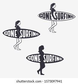 Gone surfing quote typography with vintage illustration women walking with the surf board