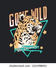 gone wild slogan with leopard head vector illustration on black background