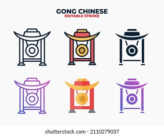 Gong icon set with different styles. Icons designed in filled, outline, flat, glyph and line colored. Editable stroke and pixel perfect. Can be used for web, mobile, ui and more.