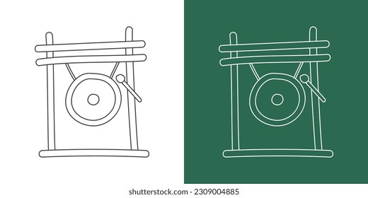 Gong line drawing cartoon style. Percussion instrument gong with stick clipart drawing in linear style isolated on white and chalkboard background. Musical instrument clipart concept, vector design