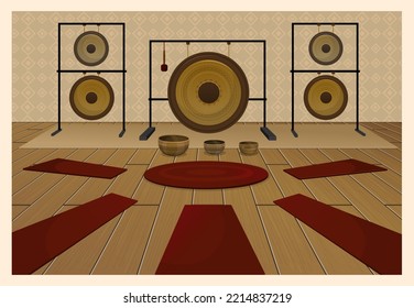 Sala de meditación Gong. Ilustración de un kit de meditación que incluye un gong, un tazón de canto, esteras de yoga. Meditaciones y terapia de sonido