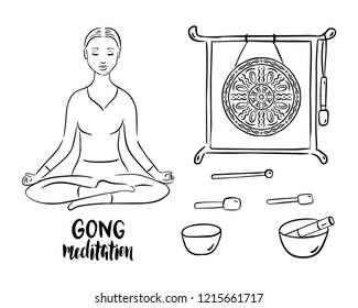 Gong meditation stand with sound bowls and sticks. Lotus  pose. Vector illustration.