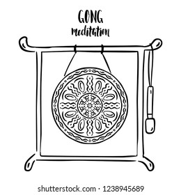 Gong meditation stand with stick. Vector illustration.