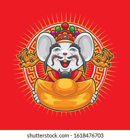 Gong xi fa cai 2020. Chinese new year, Cai Shen Ye mouse holding big gold chinese money.