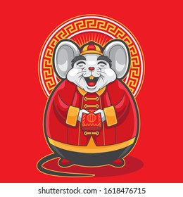 Gong xi fa cai 2020. Chinese new year, happy fat mouse holding red envelope with chinese costume.