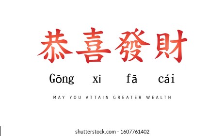 Gong xi fa cai, Happy chinese new year 2020 greeting with chinese calligraphy. In english literal translation : may you attain greater wealth. Red and black color