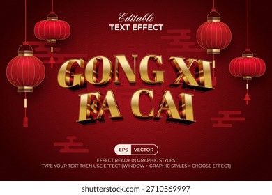Gong Xi Fa Cai Efecto De Texto Oro 3D Estilo De Lujo. Efecto De Texto Editable Tema De Año Nuevo Lunar Con Linterna Y Fondo De Textura De Nube Asiática.