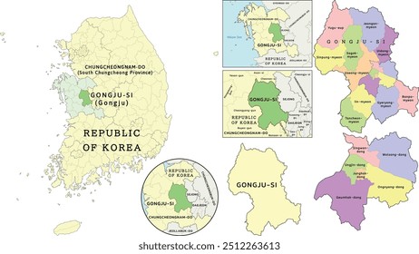 Gongju-si (Gongju) location on Chungcheongnam-do (South Chungcheong Province) and Republic of Korea (South Korea) map. Colored. Vectored