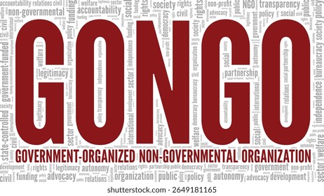 GONGO - Government-organized Non-governmental Organization word cloud conceptual design isolated on white background.