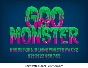 Goo alphabet font. Funny cartoon letters and numbers. Stock vector typeface for your design.