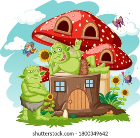 Gooblins or trolls with stump and mushroom house cartoon style on white background illustration