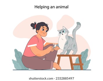 Good action or deed. Concept of sharing kindness. Empathy and help. Little girl treating the injured cat. Animal with wounded paw. Flat vector illustration. svg