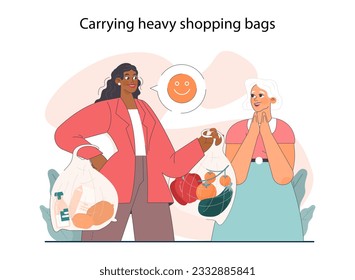 Good action or deed. Concept of support and kindness sharing in family or local community. Woman helping a senior lady to cary heavy shopping bags. Flat vector illustration.
