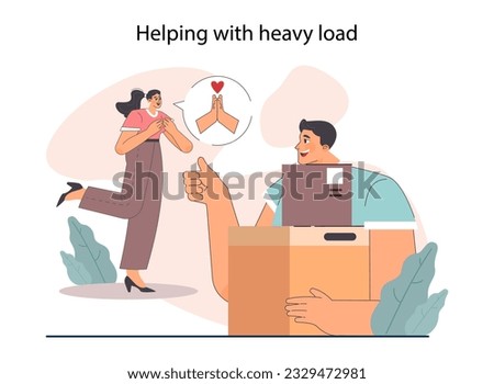 Good action or deed. Concept of support and kindness sharing in family, friend group or local community. Man helping to carry a heavy load. Kind gesture. Flat vector illustration.