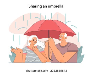 Good action or deed. Empathy and kindness sharing. Male character help a woman, sharing his umbrella. Couple of senior people under heavy rain. Flat vector illustration.