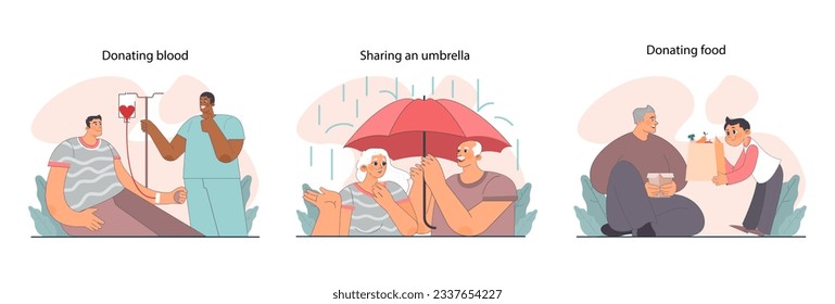 Good action or deed set. Concept of support and kindness sharing in family, friend group or local community. Empathy and help for people in need. Flat vector illustration.