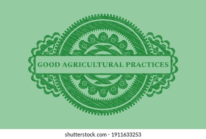 Text über gute landwirtschaftliche Praktiken im grünen Schlaganfall realistische Abzeichen. Eco-modischer Hintergrund. Illustration. 