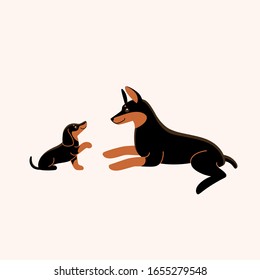 Good animal characters - dachshund and doberman. Cute character for children. Vector illustration in cartoon style.