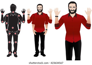 GOOD FOR ANIMATION. man character in formal red shirt and tie, doll with separate joints. Gestures for animated work movement. Parts of body template for design work and animation. Body elements. Set