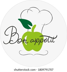 Good appetite on French language, bon appetite with green apple and mustache, chef's hat vector logo illustration isolated on white background