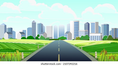 Buen camino asfalto. Conduzca por campos rurales y colinas. Ciudad en el horizonte. Carretera vacía de calidad. Camino de interciudad suburbana. Ilustración de fondo. Vector.