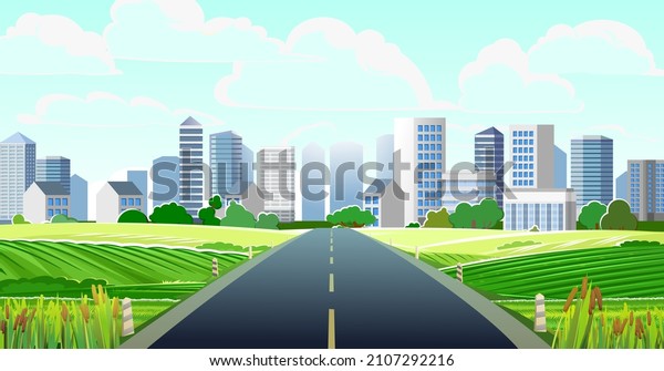 Good asphalt road. Drive\
through rural fields and hills. City on horizon. Quality modern\
empty highway. Suburban intercity pathway. Background illustration.\
Vector.