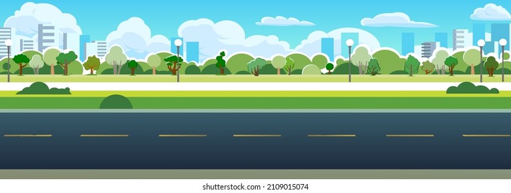 Good Asphalt Road. Park City Area. Side View. Quality Modern Empty Highway. Suburban Intercity Pathway. Background Illustration. Vector.