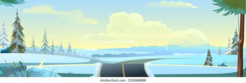 Good asphalt road. Quality modern empty highway. Winter daytime landscape. Sharp turn after hill. Suburban intercity pathway. Background illustration. Vector.