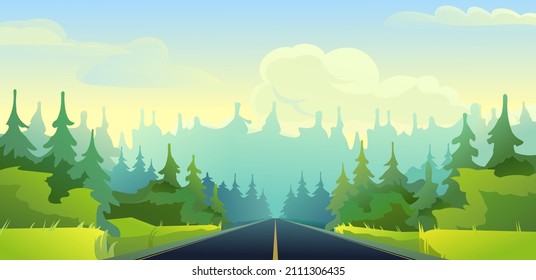 Good asphalt road. Quality modern empty highway. Exactly stretching into distance. Summer rural daytime landscape. Suburban intercity pathway. Background illustration. Vector.
