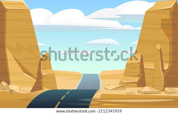 Good asphalt road. Quality modern\
empty highway. Desert landscape with rock stone cliffs. Suburban\
intercity pathway. Background illustration.\
Vector.