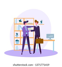 good attitude to the new employee, interaction of experienced workers with a newcomer, first day in office and new team, Vector image, flat design, modern illustration with colorful characters.