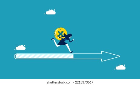 Good attitude to progress. businesswoman who thinks positively runs on the arrow progress bar