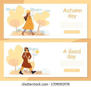Good autumn day. Active fashionable young adult woman warmly clothed walking enjoy calm fall weather in park. Delight people. Outdoor recreation healthy lifestyle. Natural landscape. Header banner set