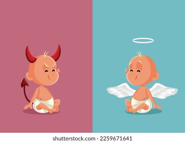 Gute Baby- und Böse-Baby-Vergleich Vektor-Konzept-Illustration. Kleines Baby mit Stimmungsschwankungen, die bei verschiedenen Gelegenheiten Essen oder Schlechtes bewirken