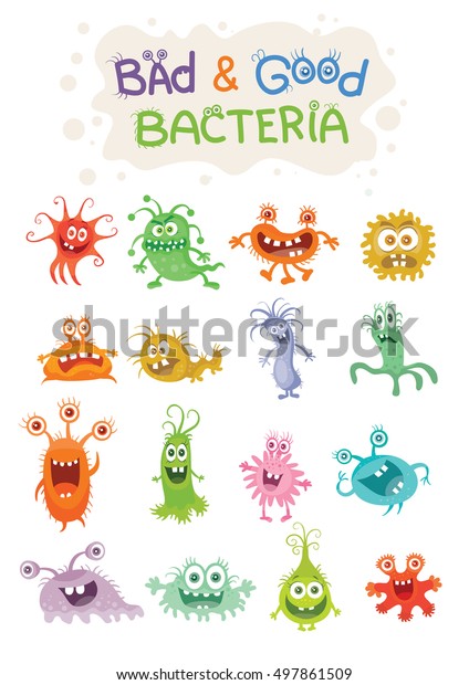 Good bacteria and bad bacteria cartoon characters\
isolated on white. Set of funny bacterias germs in flat cartoon\
style. Good and bad microbes. Enteric bacteria, gut and intestinal\
flora. Vector