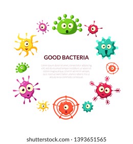 Good Bacteria Banner Template with Cute Colorful Microorganisms Pattern in Circular Shape, Probiotics, Medicine or Dietary Supplements Vector Illustration