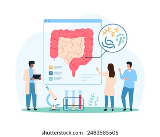 Good bacteria in intestines, healthy microflora of gastrointestinal tract and immunity. Tiny people study lactobacillus inside large human bowel, prebiotics and probiotics cartoon vector illustration