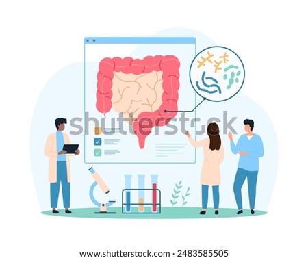Good bacteria in intestines, healthy microflora of gastrointestinal tract and immunity. Tiny people study lactobacillus inside large human bowel, prebiotics and probiotics cartoon vector illustration