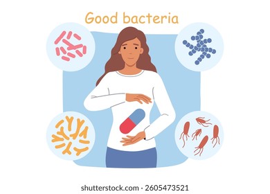Good bacteria are recommended by women for digestive health and improved immunity. Good bacteria and microorganisms around girl holding giant capsule with beneficial vitamins and bifidobacteria