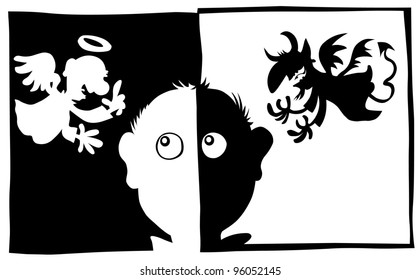 Good and Bad, Angel and Demon characters in silhouette.