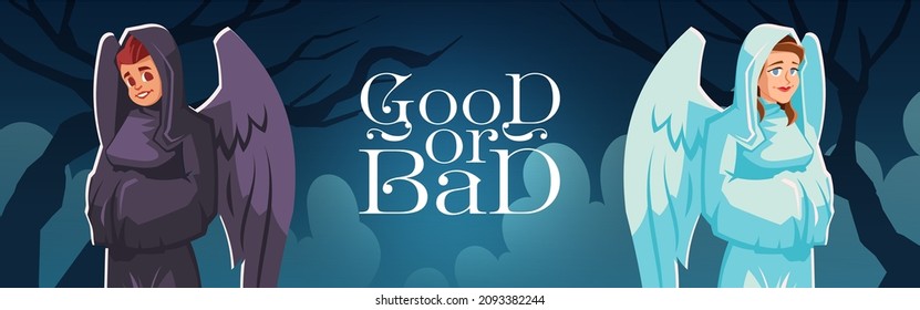 Good or bad angel and devil cartoon banner, kind and evil characters with wings wear white and black robe. Personages guides to spirit world in hell or heaven, religious figures, Vector illustration